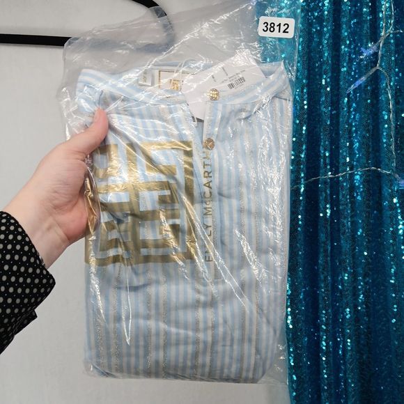 NWT & Bag Emily McCarthy Lolli Top Blouse $180 MSRP Blue Metallic Stripe Size S - Picture 5 of 13
